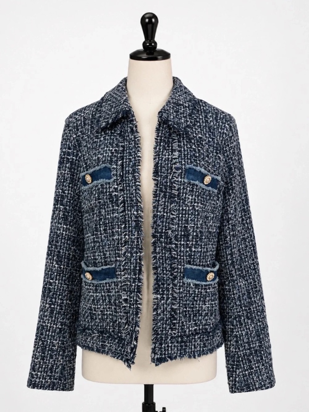 Nanette Lepore Blue Tweed Jacket Women’s Frayed Trim Metallic Blazer Coat